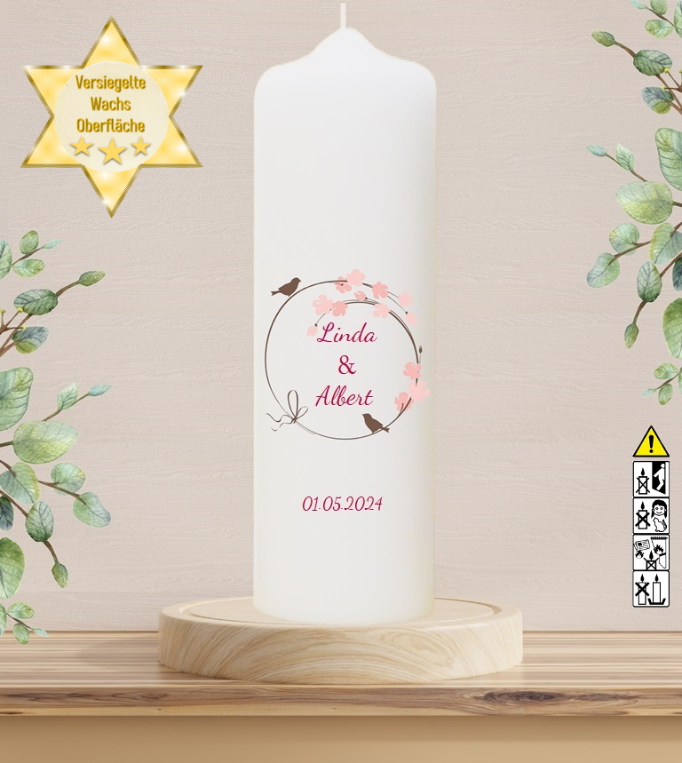 Personalisierte Hochzeitskerze "Vogelpaar 3" 30 cm Personalisierte Hochzeitskerze "Vogelpaar 3" 30 cm