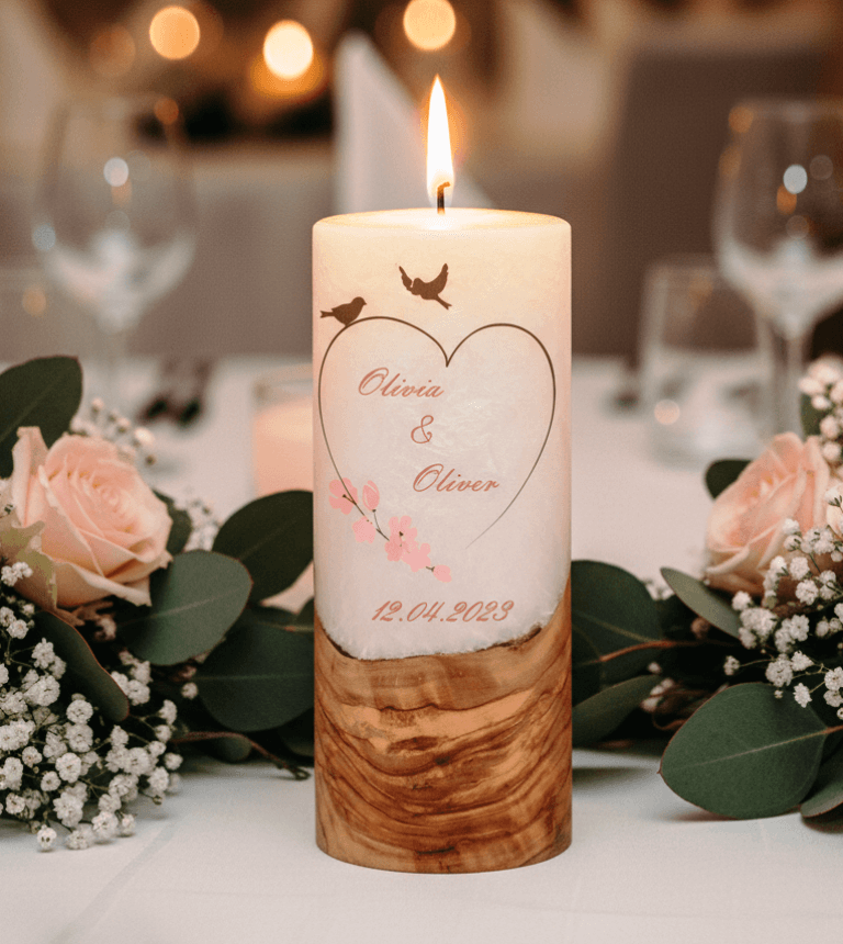 "Vogelpaar Herz" 25 cm Hochzeitskerze mit Holzelement