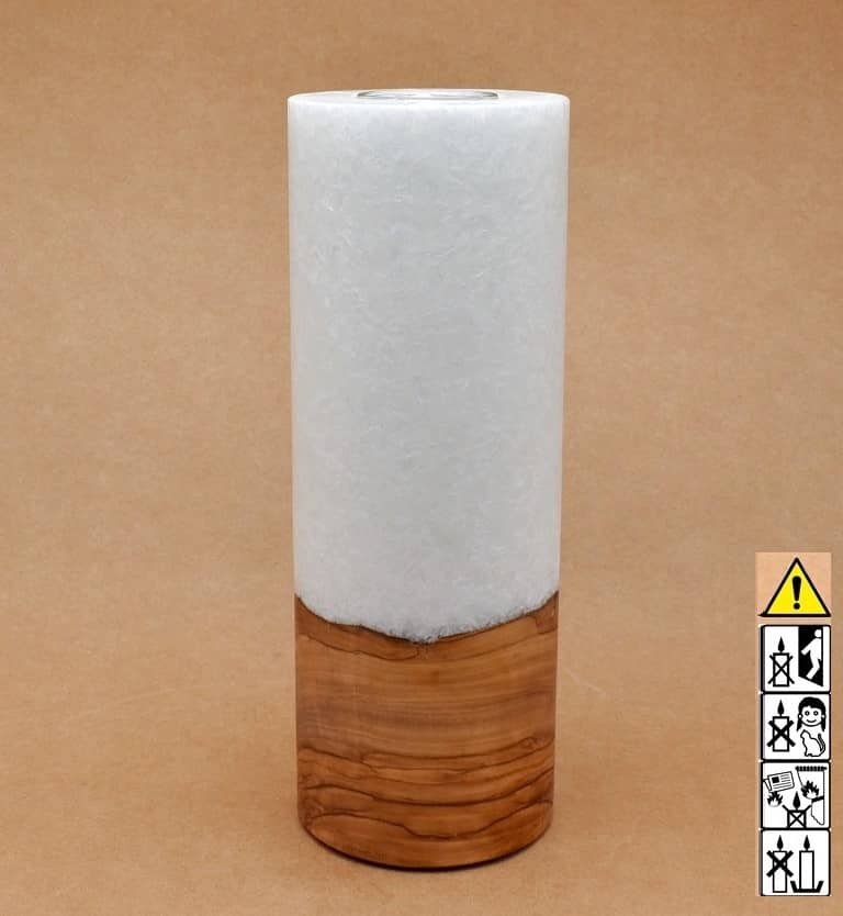 Runde Kerze mit Holz, Unikat Holzkerze, Individuelle runde Hochzeitskerze mit Holz aus Stearin. Kerze mit Holzelement, Individuelle, persönliche Hochzeitskerze  Holzkerze, Rund Stearinoptik, Hochzeitskerze mit Teelicht im Kerzen online Shop für Hochzeiten bestellen, günstig kaufen.