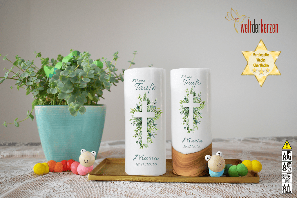 Taufkerze  Ø 8 cm "Blätterkreuz"