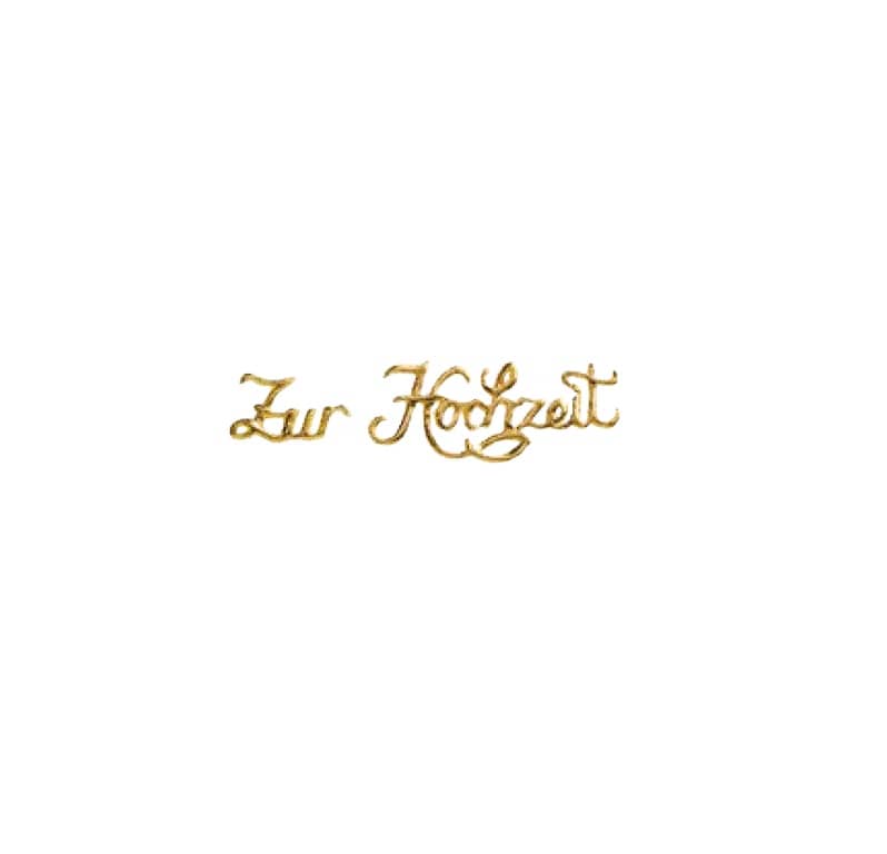 Verzierornament Schriftzug: "Zur Hochzeit" 20 x 70mm in gold Verzierornament Schriftzug: "Zur Hochzeit" 20 x 70mm in gold