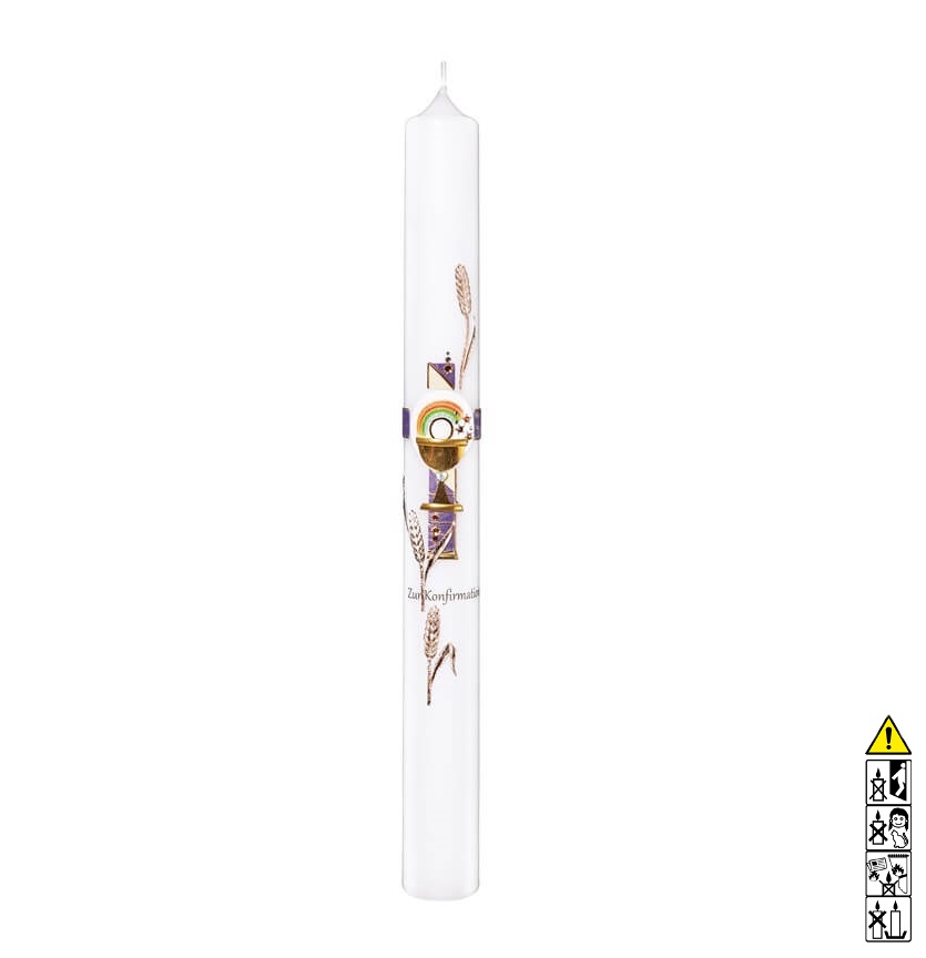 Kommunionkerze / Konfirmationskerze Kelch Kreuz Regenbogen 400 x 40 mm Kommunionkerze und Konfirmationkerze kaufen mit Motiv. Kelch Kreuz Regenbogen 400 x 40 mm