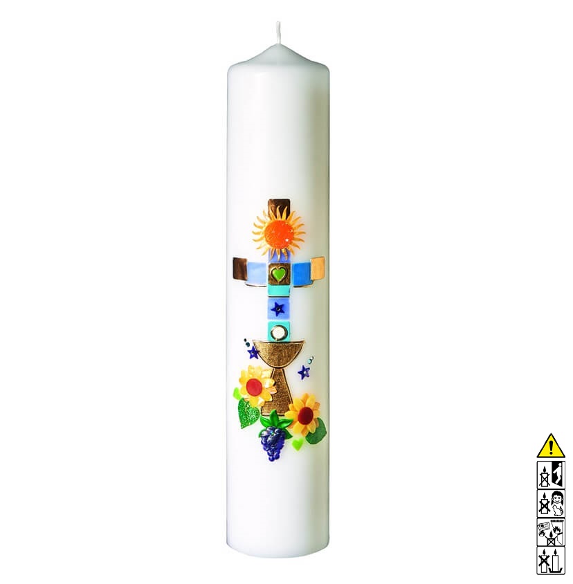 Kommunionkerze / Konfirmationskerze Kelch Kreuz bunt 300 x 60 mm Kommunionkerze und Konfirmationkerze kaufen mit Motiv. Kelch Kreuz bunt 300 x 60 mm