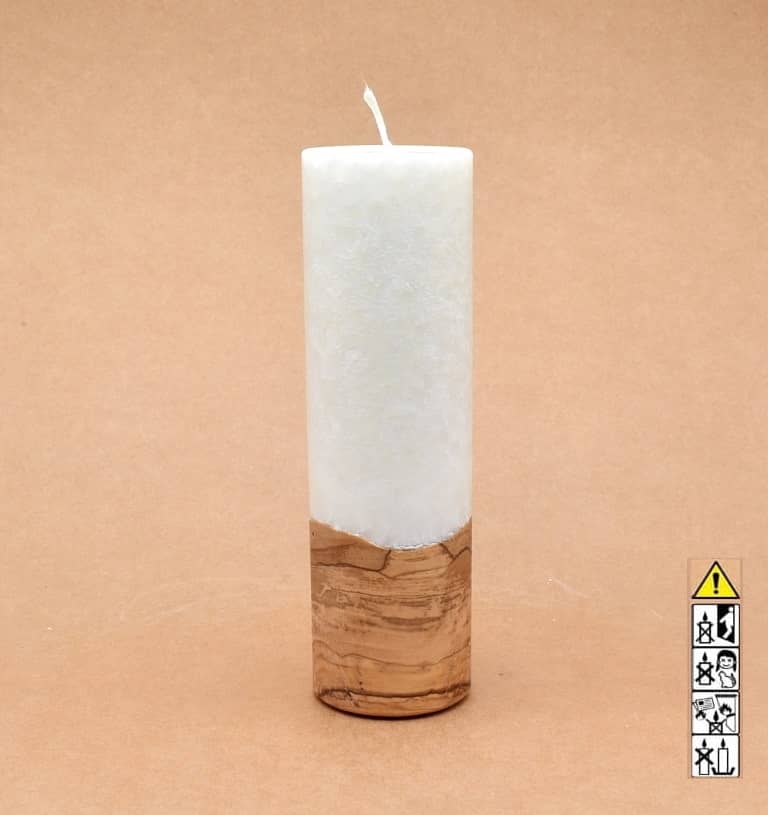 Liebliche Kerze mit Holz Unikat Rund 60 x 200 mm mit Docht Nr.: 4