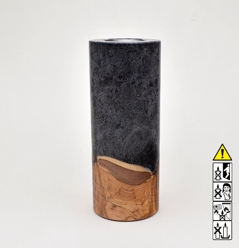 Kerze mit Holz Unikat Rund 80 x 200 mm mit Teelicht in schwarz