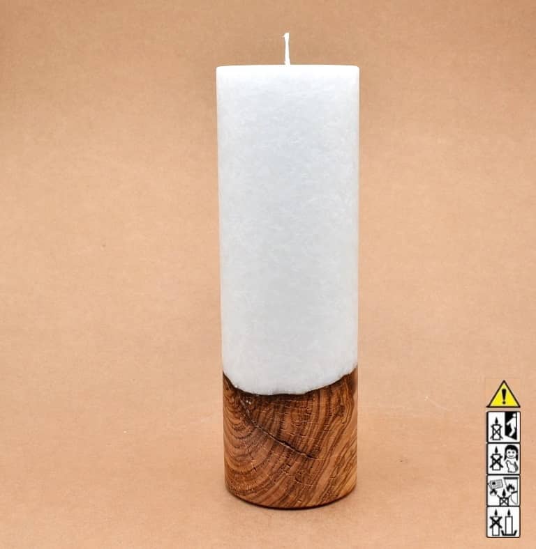 Kerze 80x250mm mit Holzelement, Individuelle, persönliche Hochzeitskerze  Holzkerze, Rund Stearinoptik, Hochzeitskerze mit Teelicht im Kerzen online Shop für Hochzeiten bestellen, günstig kaufen.