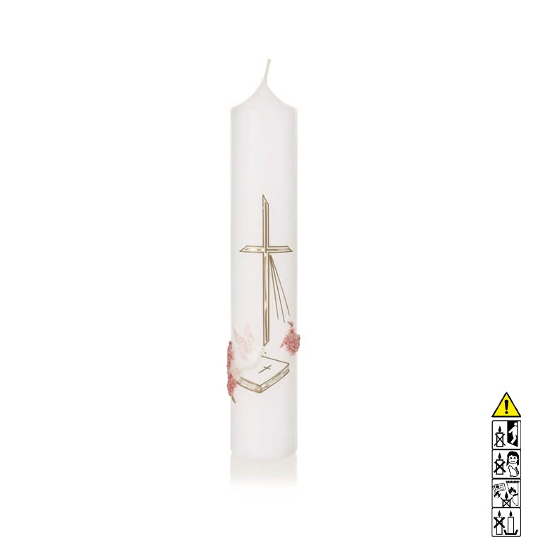 Hochwertige Taufkerze Mädchen Kreuz und Buch in Gold Blumen in rosa und hl. Geist 265 x 50 mm
