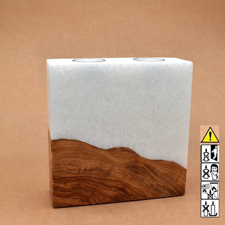 Kerze mit Sockel Holz Unikat Quader 60 x 200 x 200 mm 2 x Teelicht Nr.: 2