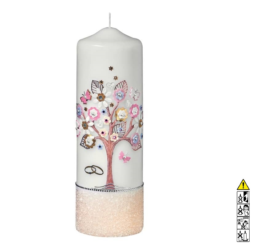 Hochzeitskerze Lebensbaum bunt Rundkerze Glitzerband beige 250 x 80 mm Hochwertige individuelle Hochzeitskerze für die Trauung Lebensbaum bunt Rundkerze Glitzerband beige 250 x 80 mm