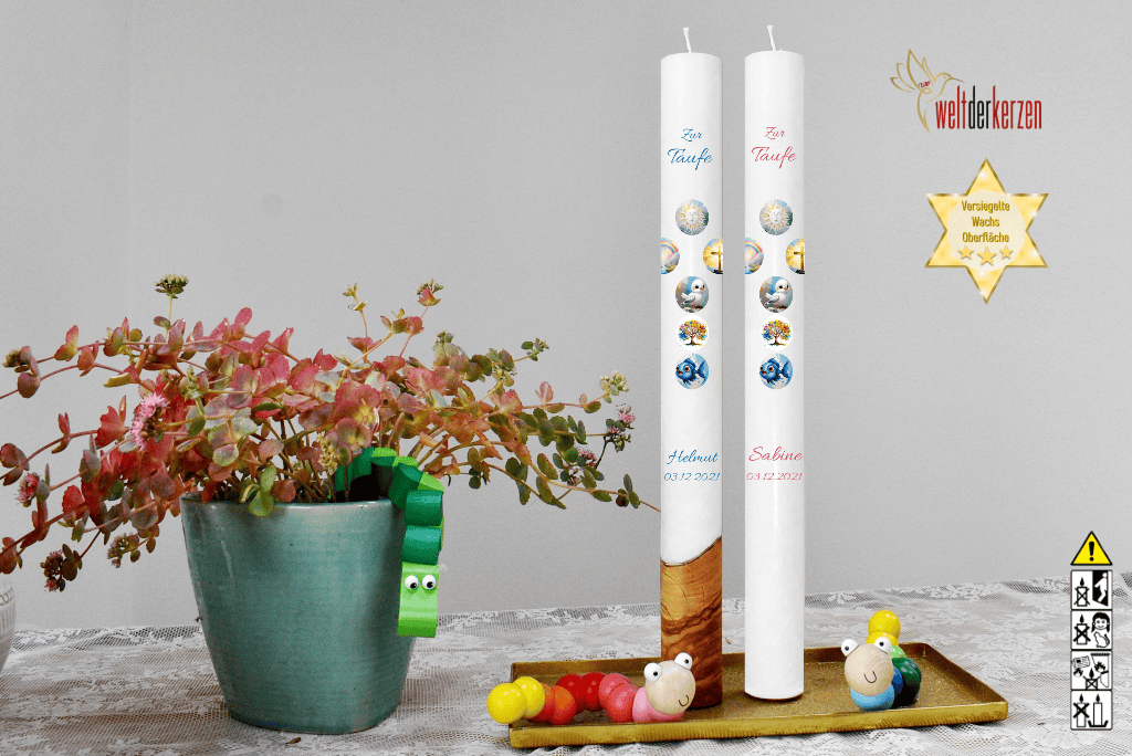 Taufkerze  Ø 4 x 40 cm "Kreuz mit Symbolen"