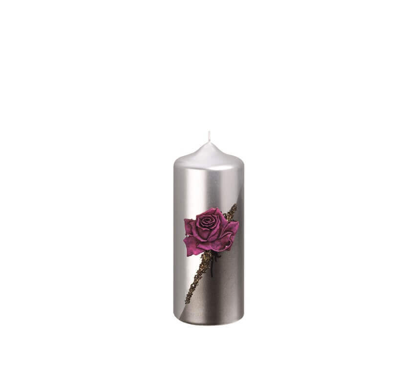Hochwertige Kerze zum Geburtstag kaufen Rose mit Verzierung in Silber Kerze in rot Rundkerze 150 x 60 mm