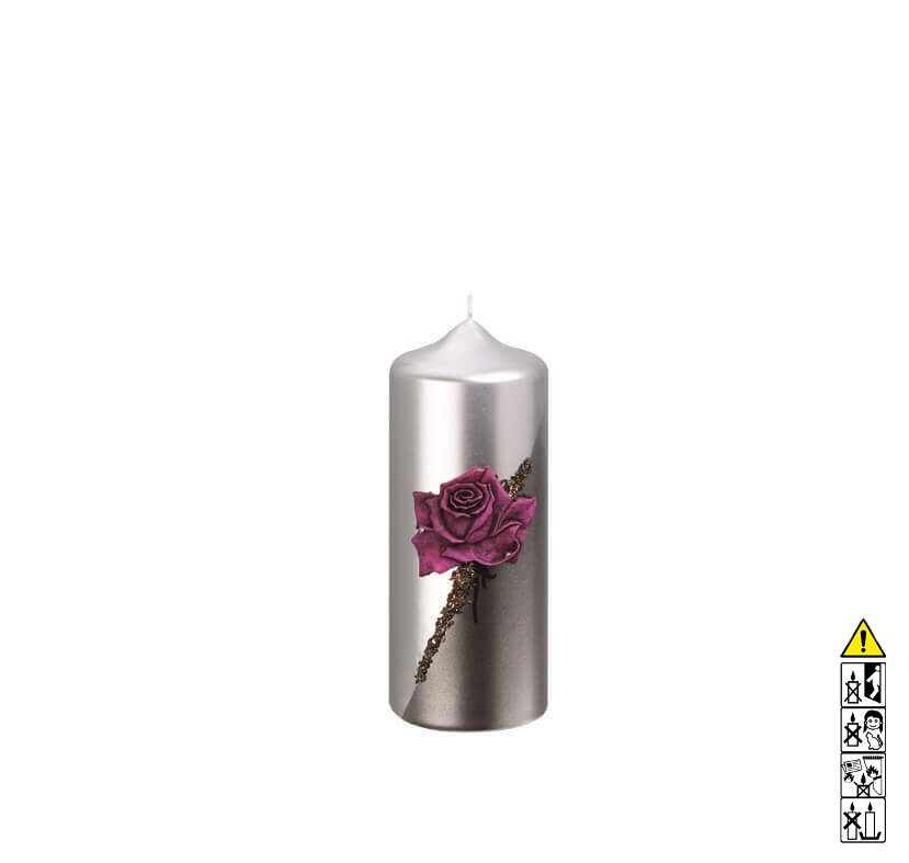 Geburtstagskerze Rose mit Verzierung in Silber Kerze in rot Rundkerze Hochwertige Kerze zum Geburtstag kaufen Rose mit Verzierung in Silber Kerze in rot Rundkerze 150 x 60 mm
