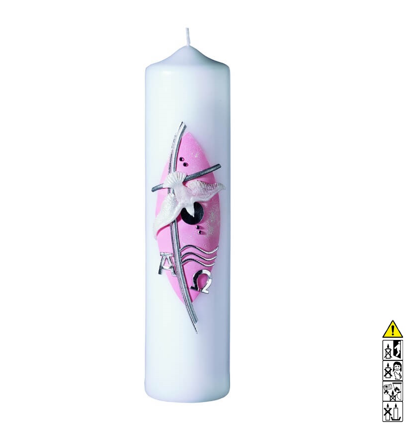 Taufkerze Taube mit silbernen Kreuz rosa 250 x 60 mm Taufkerze kaufen mit Motiv Taube mit silbernen Kreuz rosa 250 x 60 mm