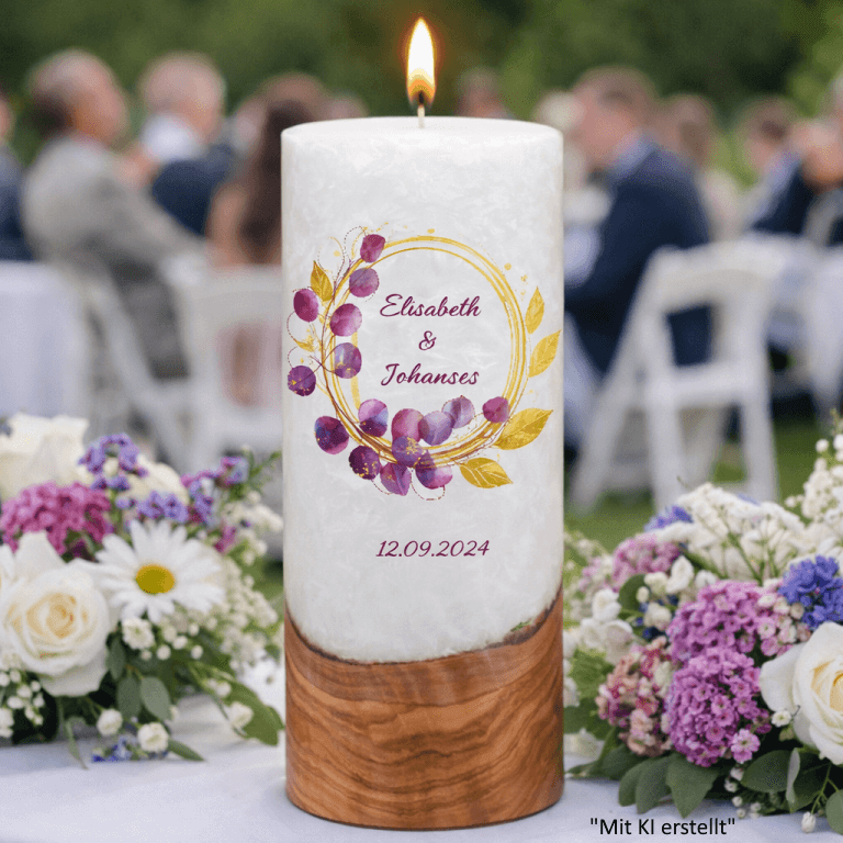 "Eukalyptis Bordaux" Hochzeitskerze mit Holzelement 30 cm hoch