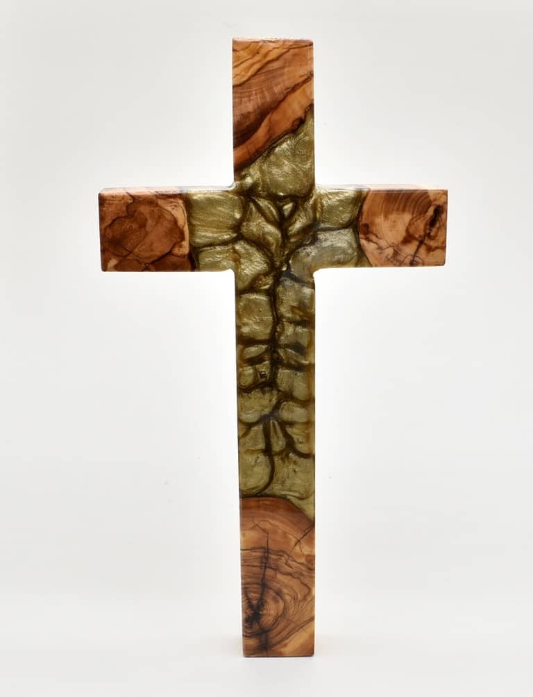 Olivenholzkreuz in kupfergold 30x16 cm