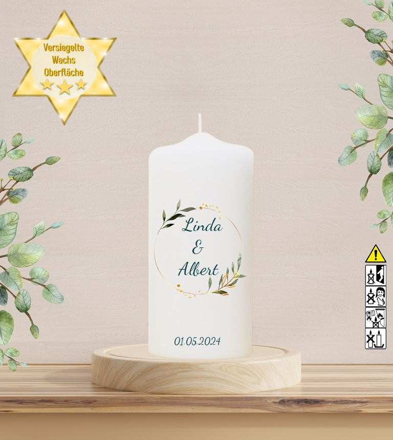 Personalisierte Hochzeitskerze "Olivenkranz" 20 cm Personalisierte Hochzeitskerze "Olivenkranz" 20 cm