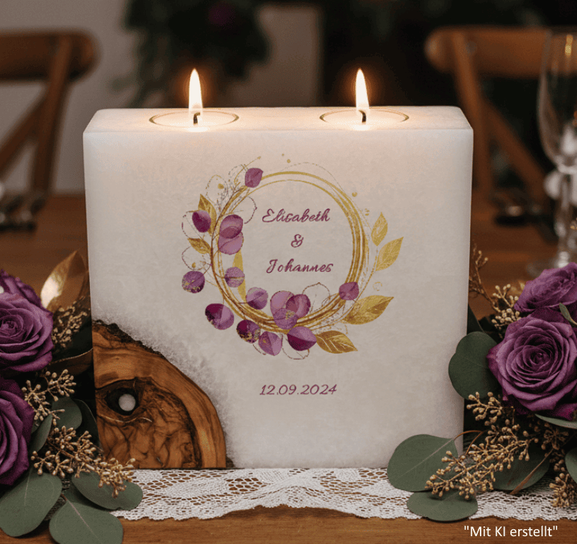 Hochzeitskerze "Eukalyptus Bordaux" mit 1 Holzelement und 2 Teelichter 20 x 20 cm