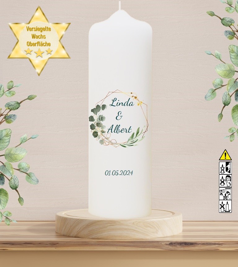 Personalisierte Hochzeitskerze "Oliven und Eukalyptus" 30 cm Personalisierte Hochzeitskerze "Oliven und Eukalyptus" 30 cm