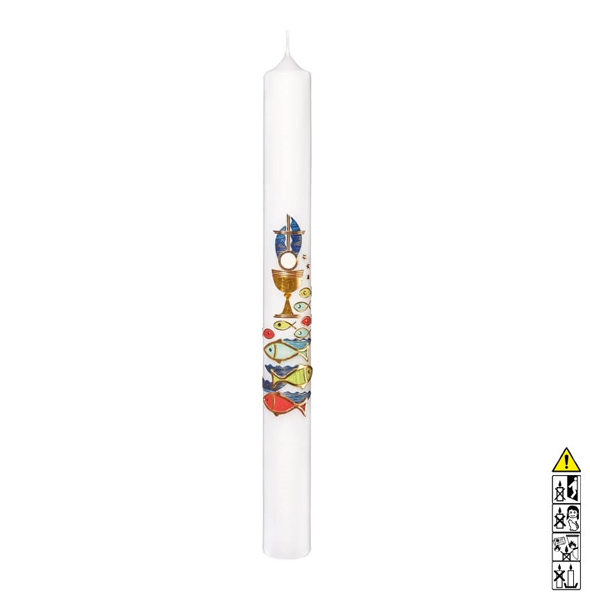 Kommunionkerze / Konfirmationskerze Kelch Kreuz Fischen 400 x 40 mm Kommunionkerze und Konfirmationkerze kaufen mit Motiv. Kelch Kreuz Fischen 400 x 40 mm