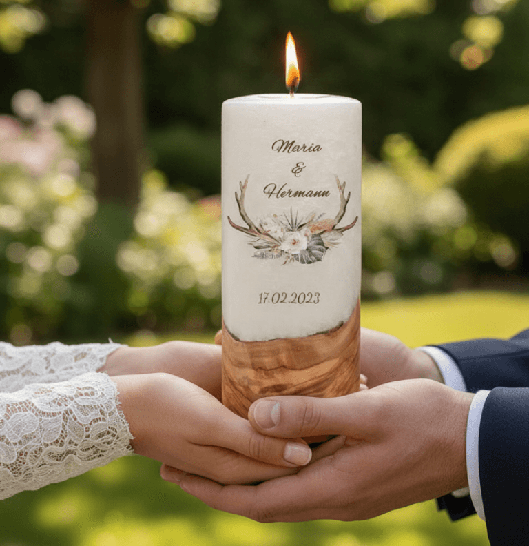 "Jäger" 25 cm Hochzeitskerze mit Holzelement