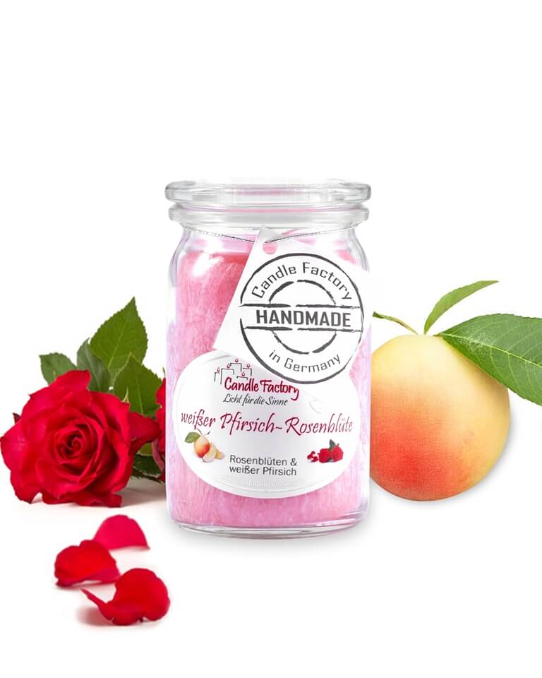 Hochwertige Duftkerze von Candle Factory wei?er Pfirsich Rosenbl?te Mini Jumbo Duftkerze im Glas in der Farbe rose g?nstig in Kerzen Online Shop kaufen. Duftkerzen im Glas. Geschenkidee wei?er Pfirsich Rosenbl?te Mini Jumbo Duftkerze im Glas in der Farbe