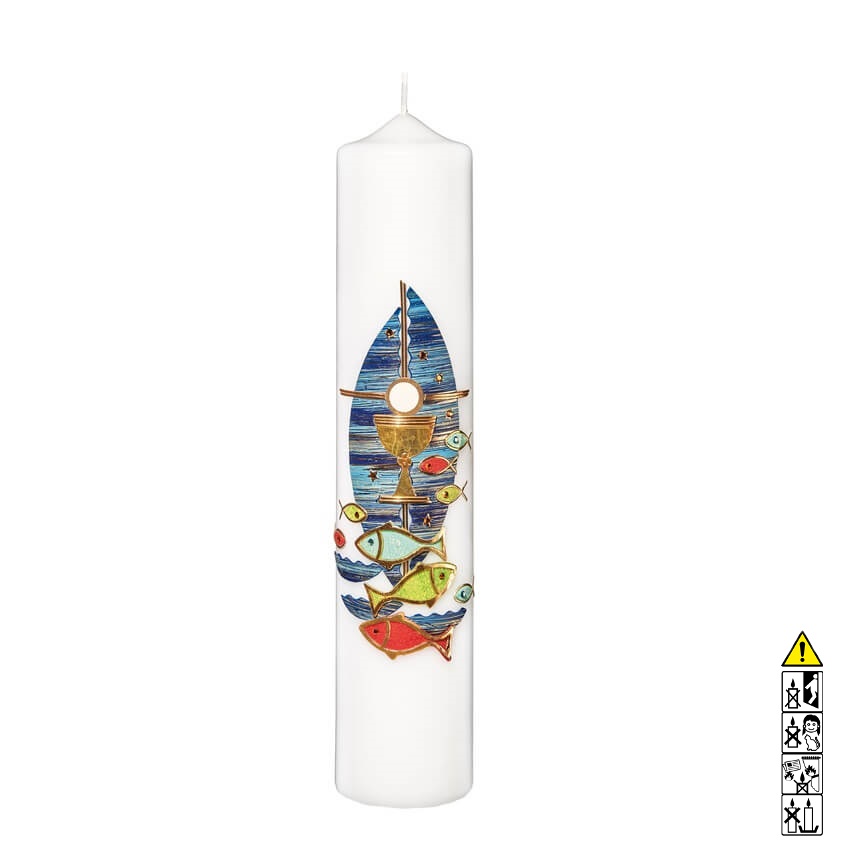 Kommunionkerze / Konfirmationskerze Kelch Kreuz Fischen 300 x 60 mm Kommunionkerze und Konfirmationkerze kaufen mit Motiv. Kelch Kreuz Fischen 300 x 60 mm