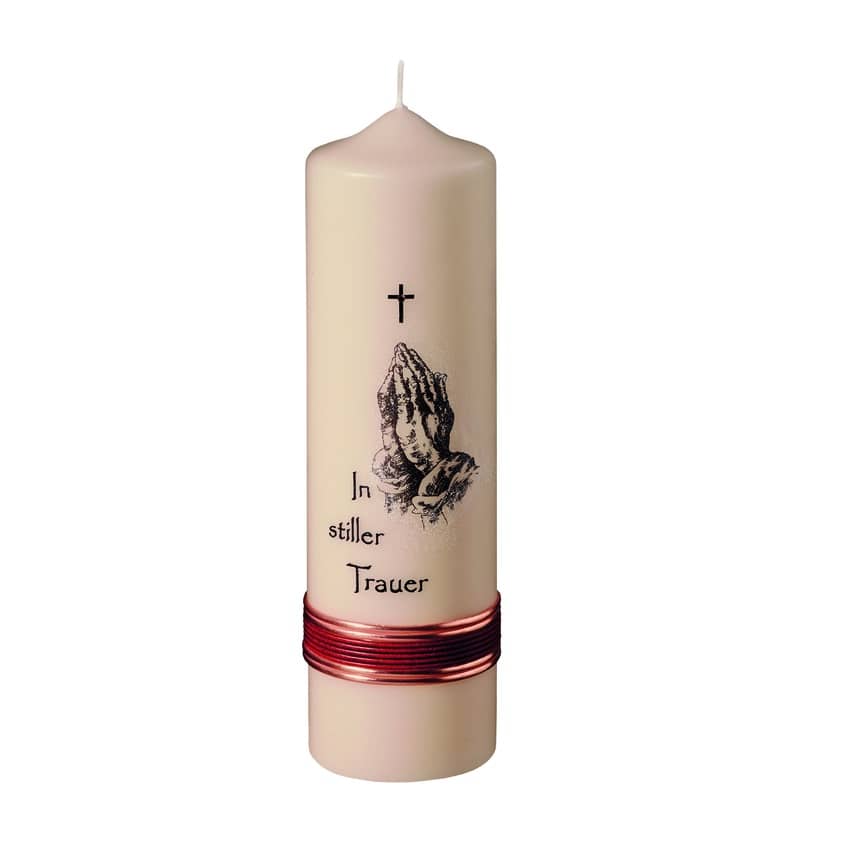 Eine edle Kerze für die Trauer und zum Gedenken champagner In stiller Trauer betende Hände 250 x 70 mm