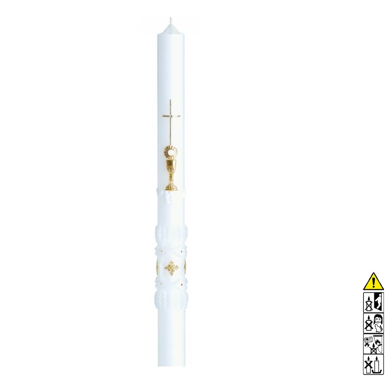 Kommunionkerze / Konfirmationskerze Kelch Kreuz in Gold mt Hostie 500 x 30 mm Kommunionkerze und Konfirmationkerze kaufen mit Motiv. Kelch Kreuz in Gold mt Hostie 500 x 30 mm