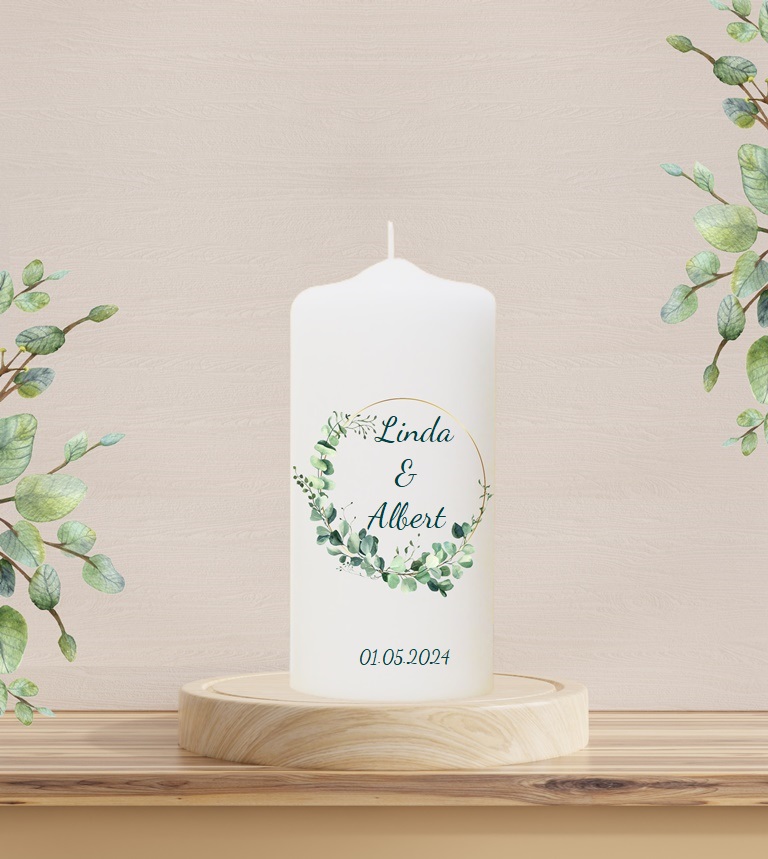 Personalisierte Hochzeitskerze "Eukalyptus Kranz wild" 20 cm