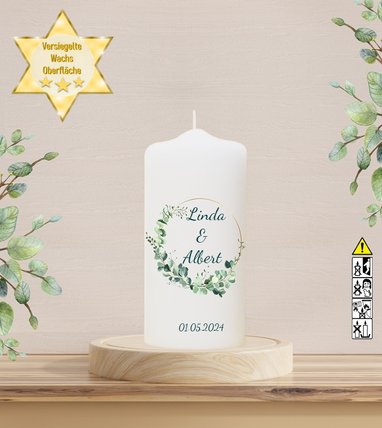 Personalisierte Hochzeitskerze "Eukalyptus Kranz wild" 20 cm Personalisierte Hochzeitskerze "Eukalyptus Kranz wild" 20 cm