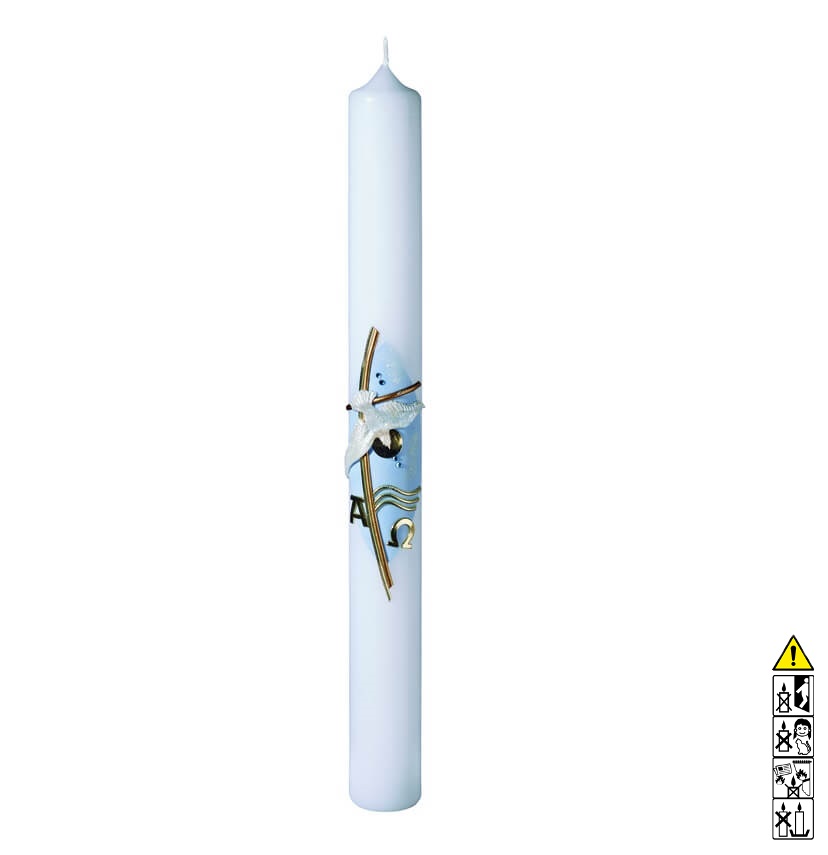 Taufkerze kaufen mit Motiv Taube mit goldenen Kreuz hellblau 400 x 40 mm