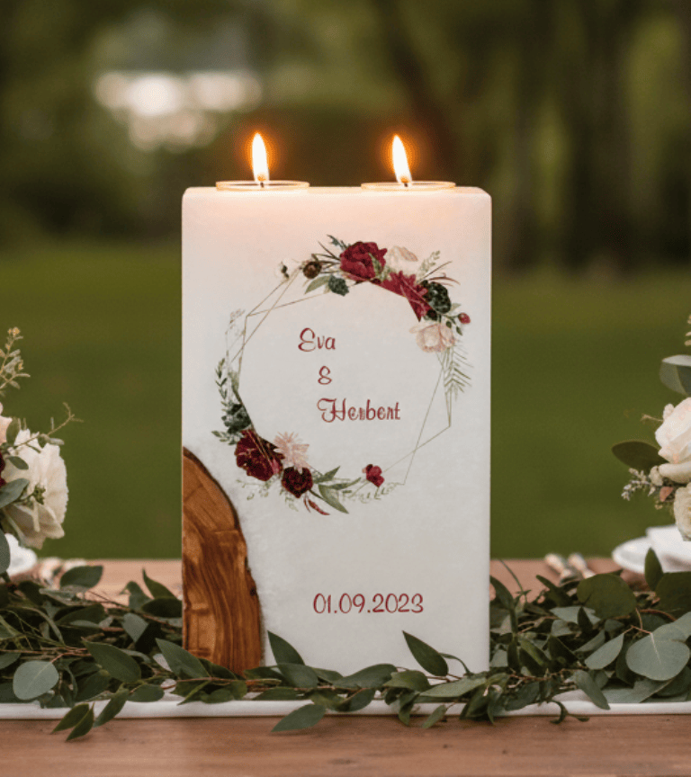 "Rosenkranz" Hochzeitskerze mit Holz und 2 Teelichter 14 x 21 cm