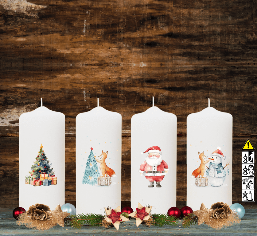 Adventskranzkerzen Motive "Fuchs, Weihnachtsbaum, Nikolaus" 4-Set Adventskranzkerzen Motive "Fuchs, Weihnachtsbaum, Nikolaus" 4-Set