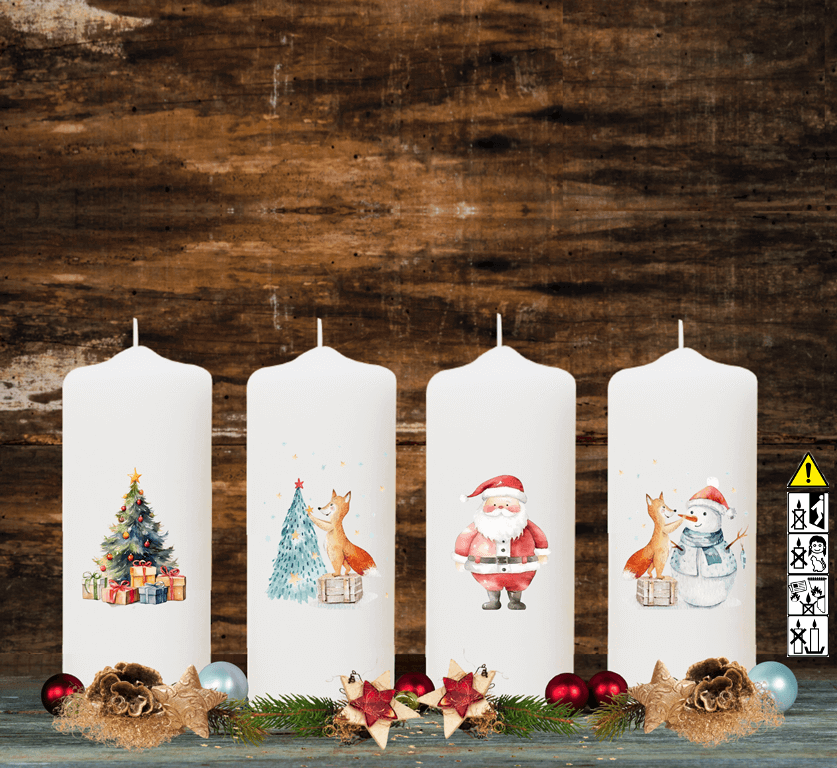 Adventskranzkerzen Motive "Fuchs, Weihnachtsbaum, Nikolaus" 4-Set