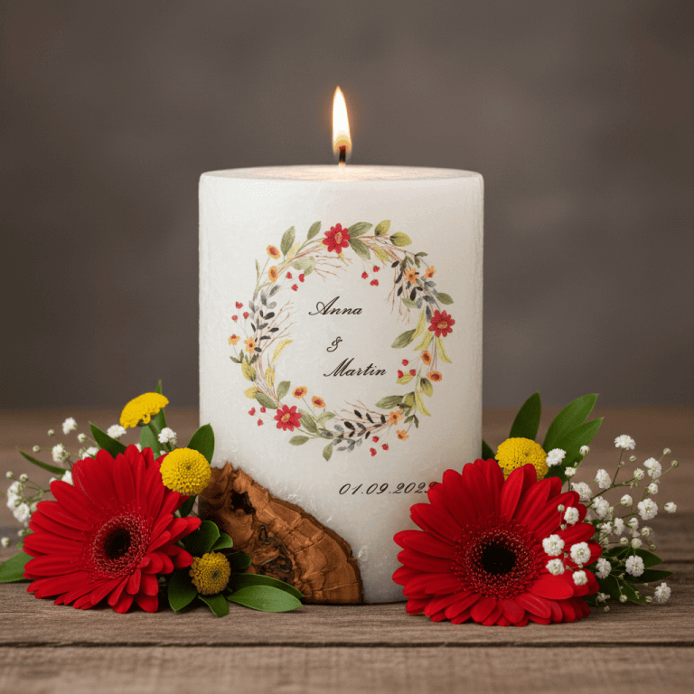 "Blumenkranz" Hochzeitskerze mit Holzelement 14 x 21 cm oval mit Teelicht oder Docht