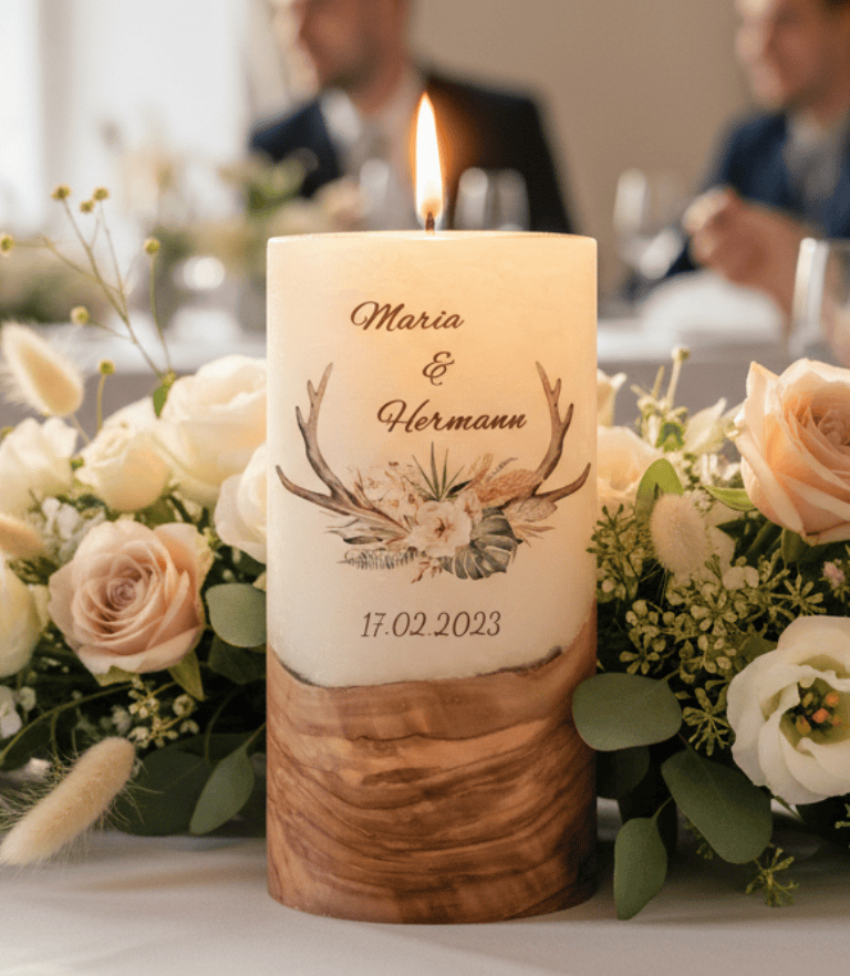 "Geweih" Hochzeitskerze mit Holzelement 20 cm hoch
