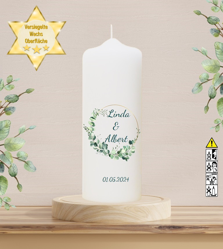 Personalisierte Hochzeitskerze "Eukalyptus Kranz wild" 25 cm Personalisierte Hochzeitskerze "Eukalyptus Kranz wild" 25 cm