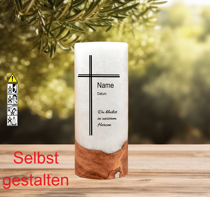 Gedenkkerze mit Holz 8x20cm "Du bleibst in unserem Herzen" Gedenkkerze mit Holz 8x20cm "Du bleibst in unserem Herzen"