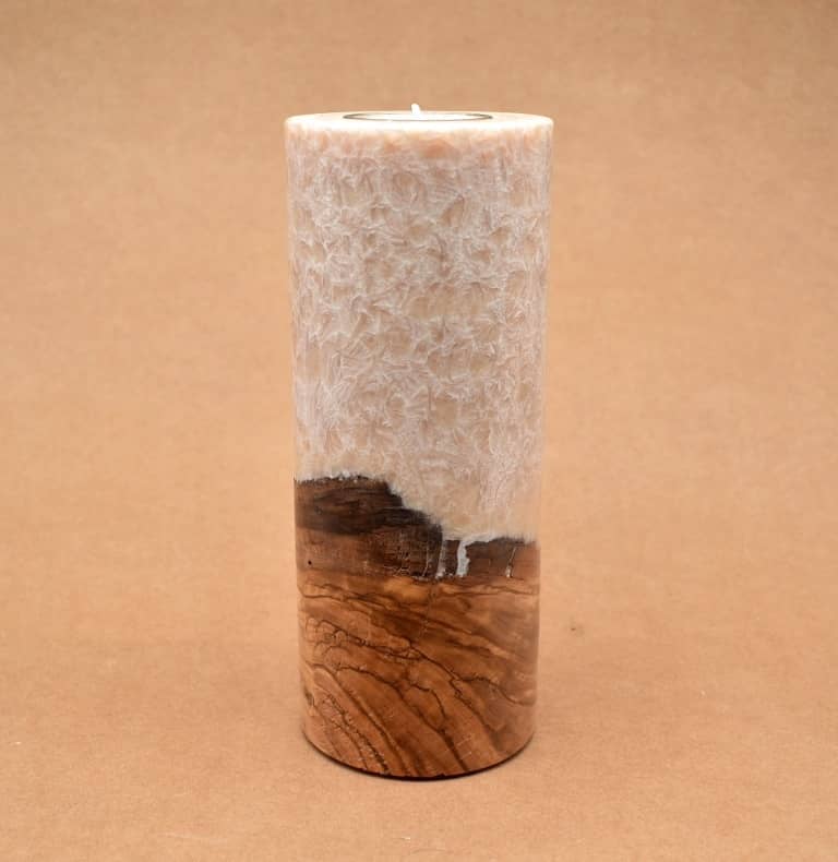 Kerze mit Holz Unikat Rund 80 x 200 mm mit Teelicht in beige Nr.: 3