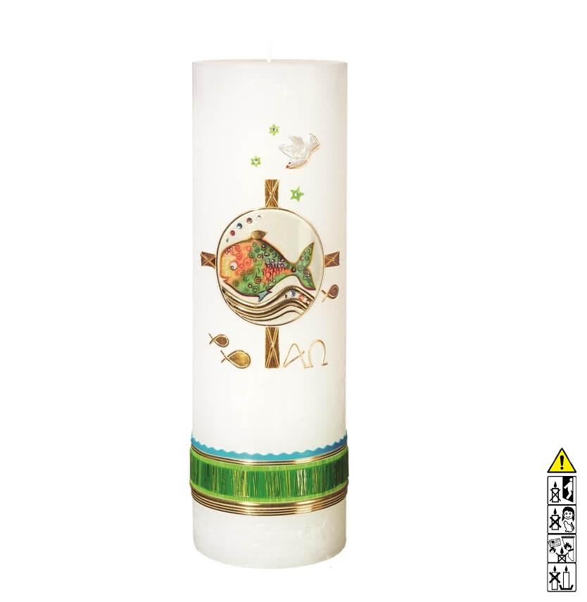Taufkerze kaufen mit Motiv Rustica bunter Fisch im Kreuz 250 x 80 mm