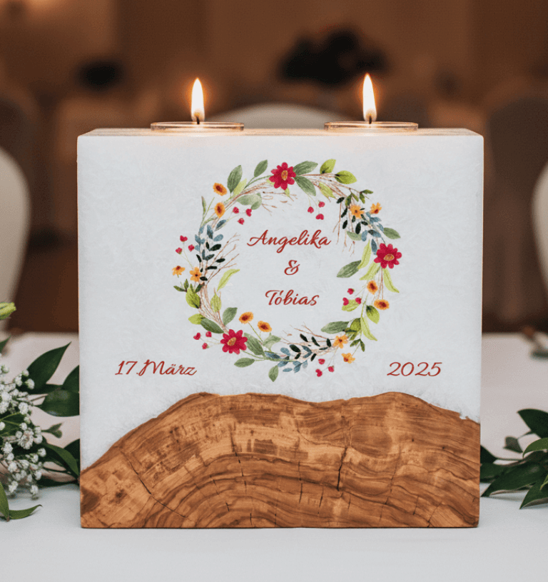 Hochzeitskerze Blumenkranz mit Sockel und 2 Teelichter 20 x 20 cm