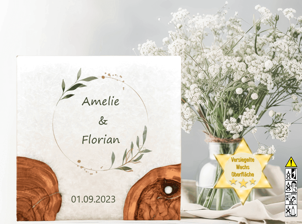 Hochzeitskerze mit Holzelement. Motiv: Olivenkranz günstig in unserem Onlineshop kaufen. Personalisierte Hochzeitskerze online kaufen