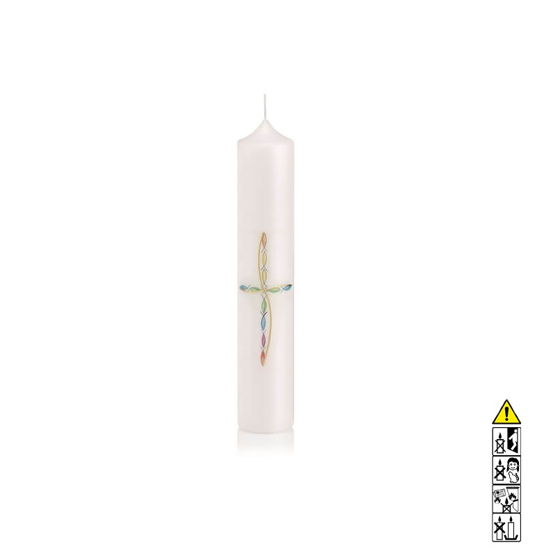 Taufkerze Kreuz bunt mit Verzierung in gold Hochwertige Taufkerze Kreuz bunt mit Verzierung in gold 265 x 50 mm