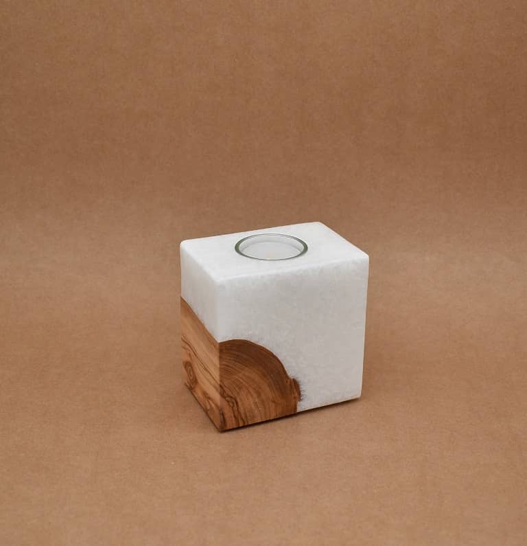 Kerze mit Holz Unikat Quader 70 x 100 x 100 mm 1 x Teelicht Nr: 2