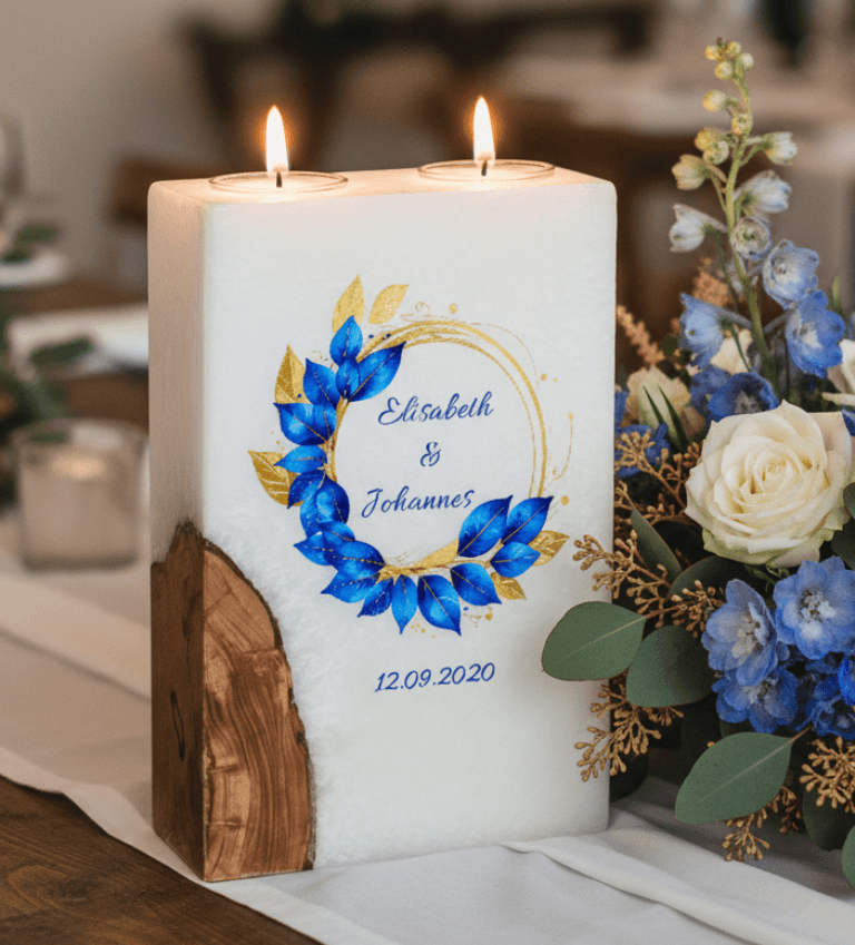 "Eukalyptus Blau" Hochzeitskerze mit Holz und 2 Teelichter 14 x 21 cm