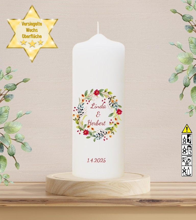 Personalisierte Hochzeitskerze "Blumenkranz" 25 cm Personalisierte Hochzeitskerze "Blumenkranz" 25 cm