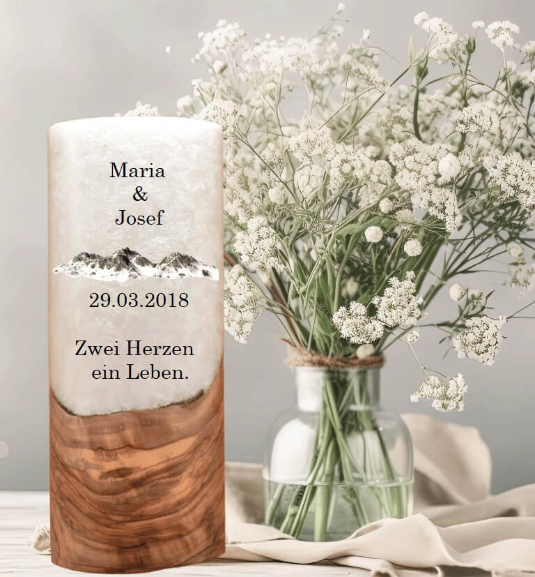 "Berge" Hochzeitskerze mit Holzelement 25 cm hoch