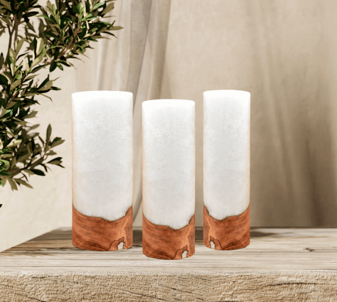 Kerze mit Holz, Unikat Holzkerze, Individuelle runde Hochzeitskerze mit Holz aus Stearin. Kerze mit Holzelement, Individuelle, persönliche Hochzeitskerze  Holzkerze, Rund Stearinoptik, Hochzeitskerze mit Teelicht im Kerzen online Shop für Hochzeiten bestellen, günstig kaufen.