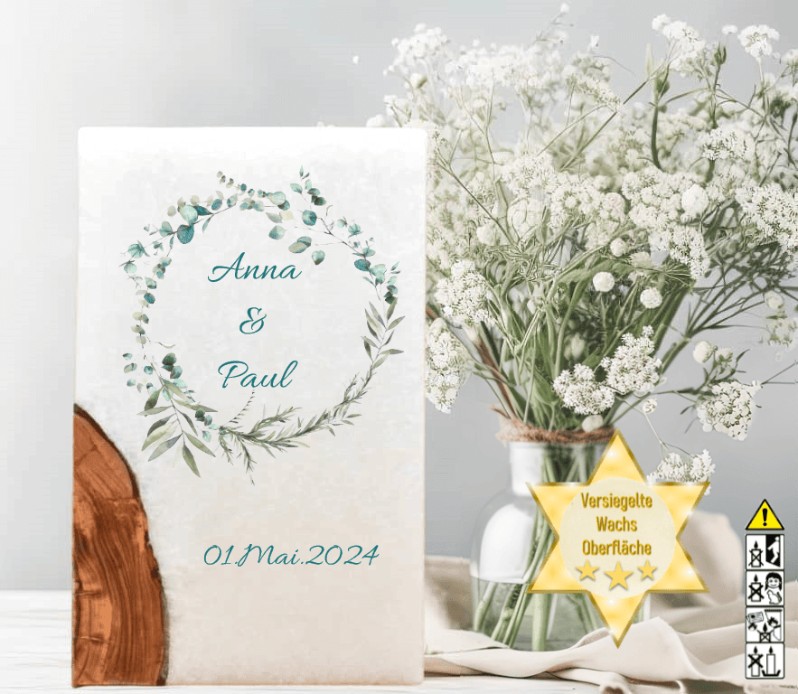 "Eukalyptus 3" Hochzeitskerze mit Holz und 2 Teelichter 14 x 21 cm