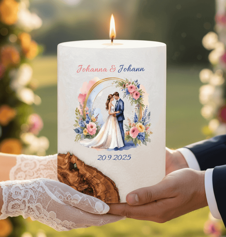 "Brautpaar im Rosenbogen" Hochzeitskerze mit Holzelement. 14 x 21 cm oval mit Teelicht oder Docht
